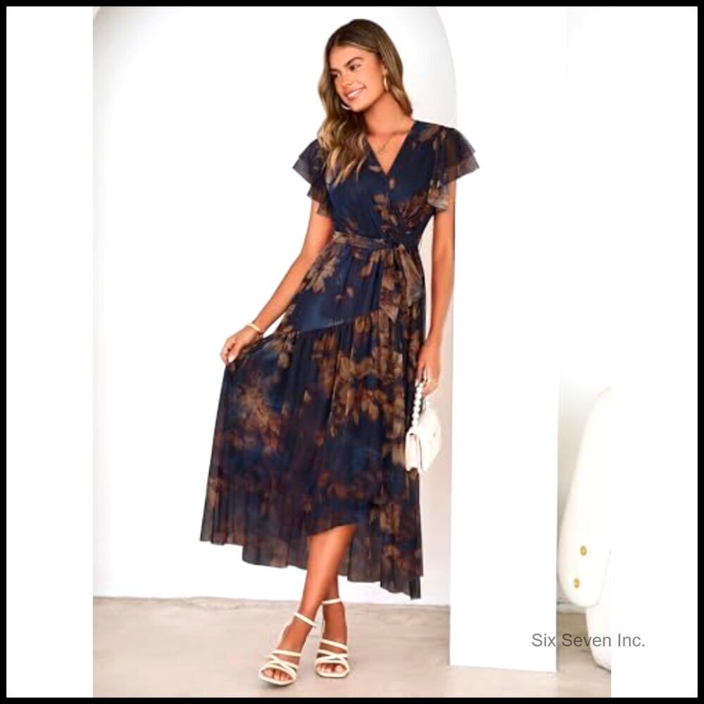 Summer Floral Maxi Dress with V-Neck Short Sleeve Belted Mesh Hem - Picture 4 of 7